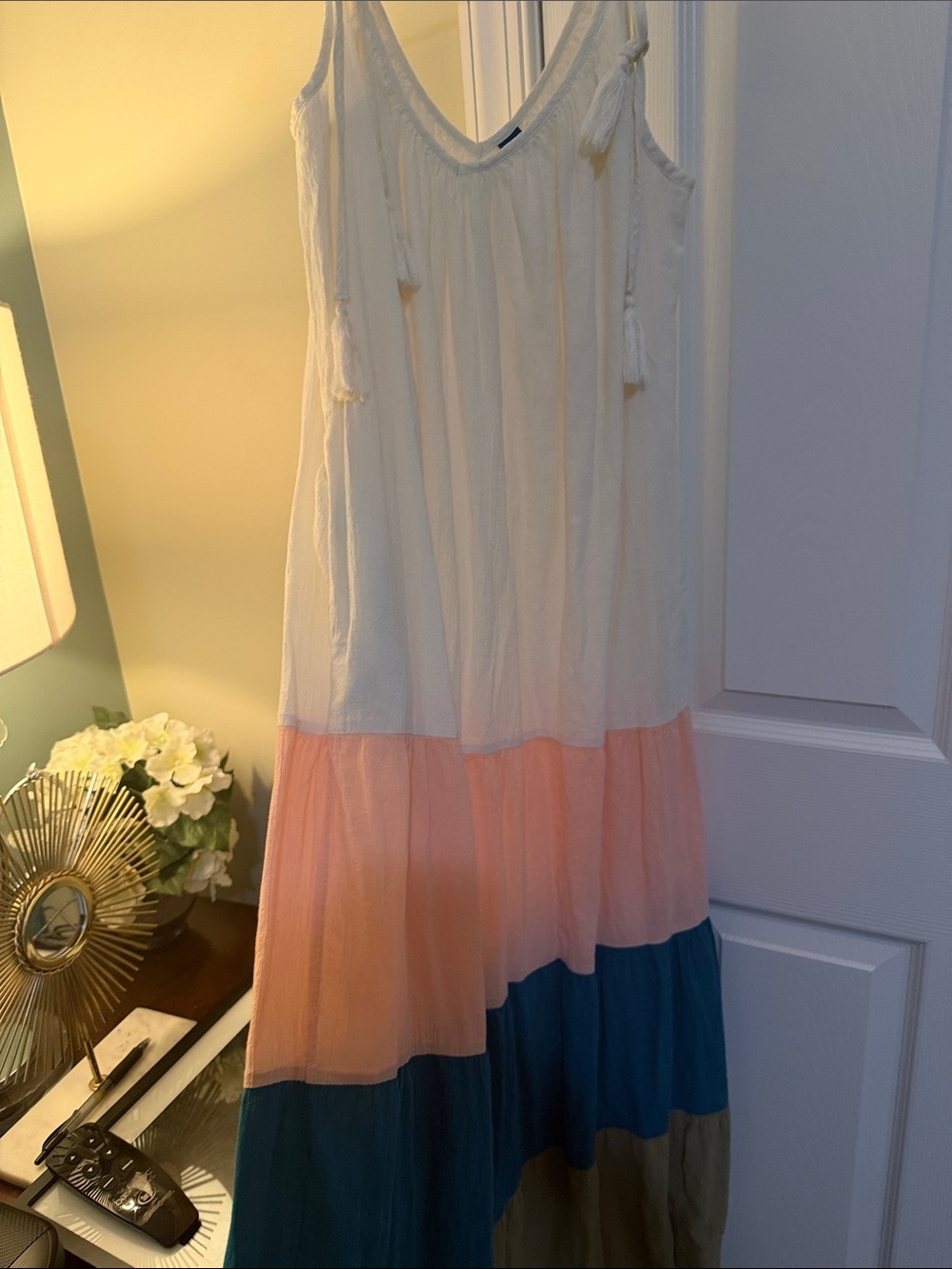 Old Navy Cream, Peach, Blue, Teal Colorblock Maxi Dress